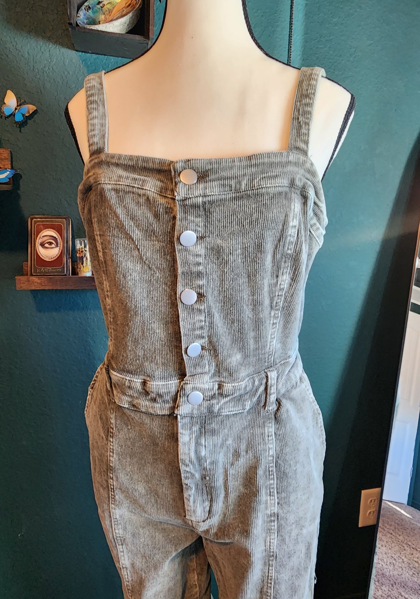 Adjustable strap Washed Corduroy Jumpsuit in Olive