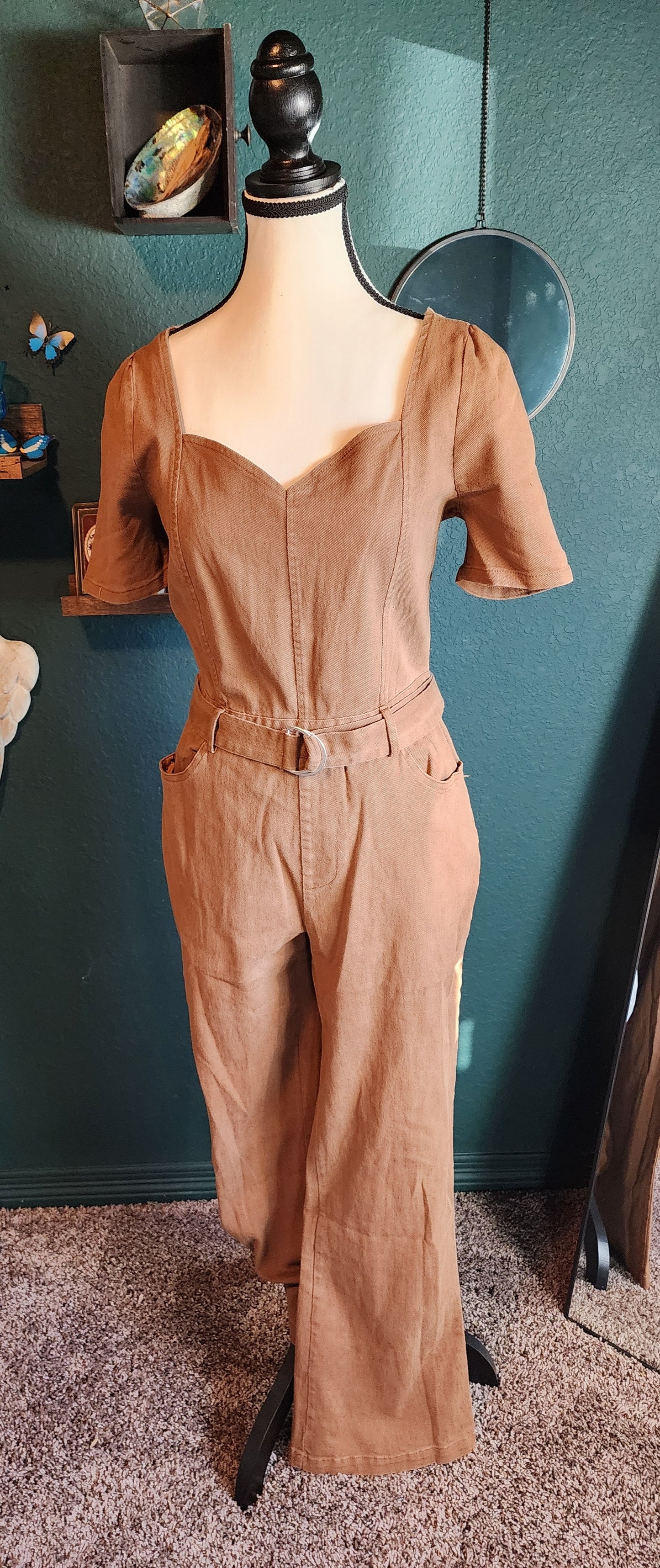 Short Sleeve Smock Pockets Denim Jumpsuit