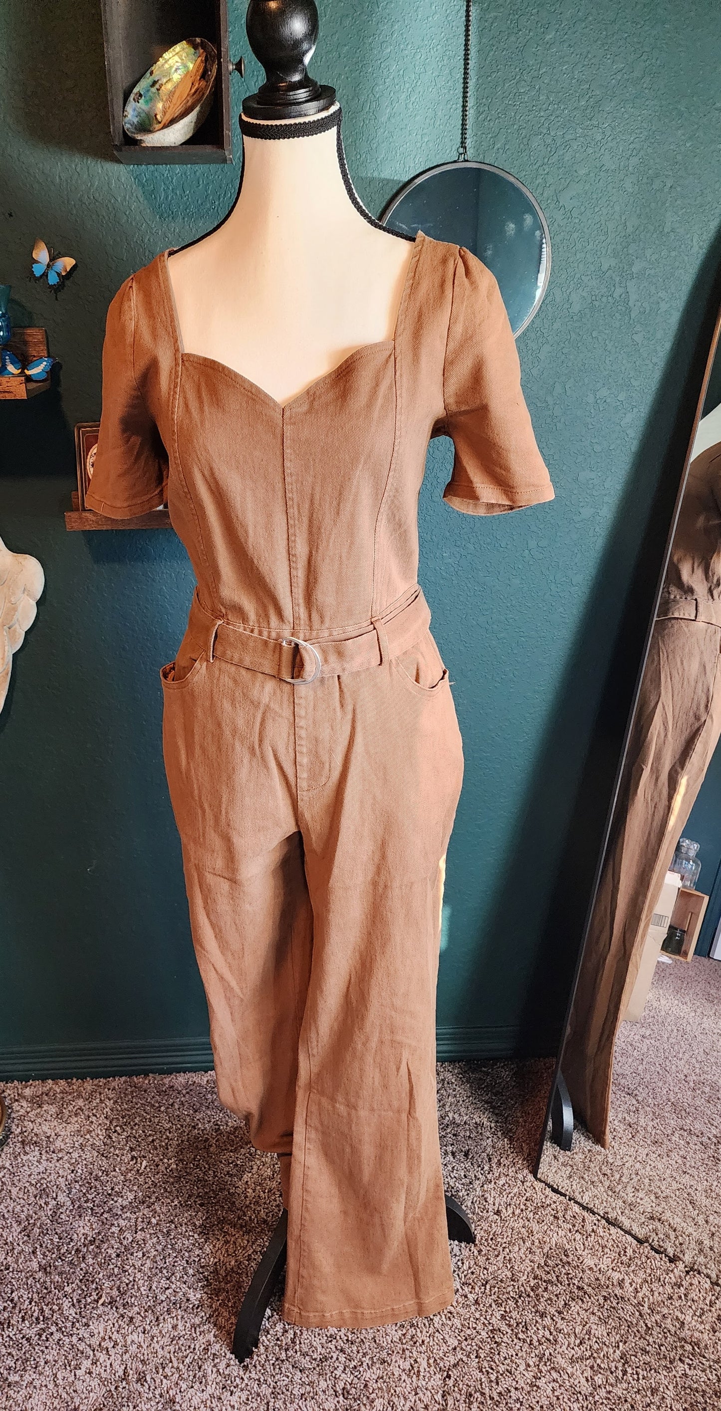 Short Sleeve Smock Pockets Denim Jumpsuit