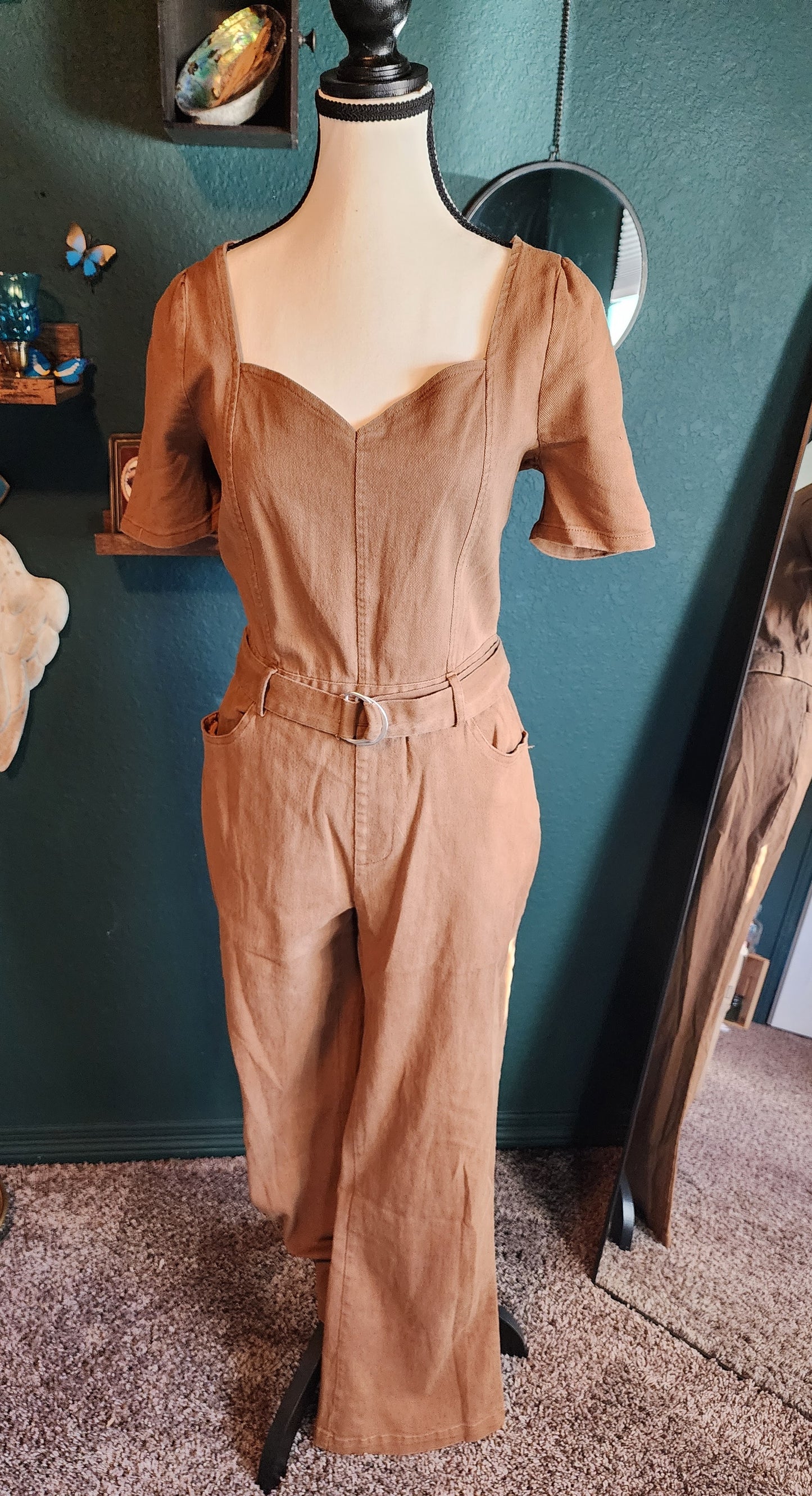 Short Sleeve Smock Pockets Denim Jumpsuit