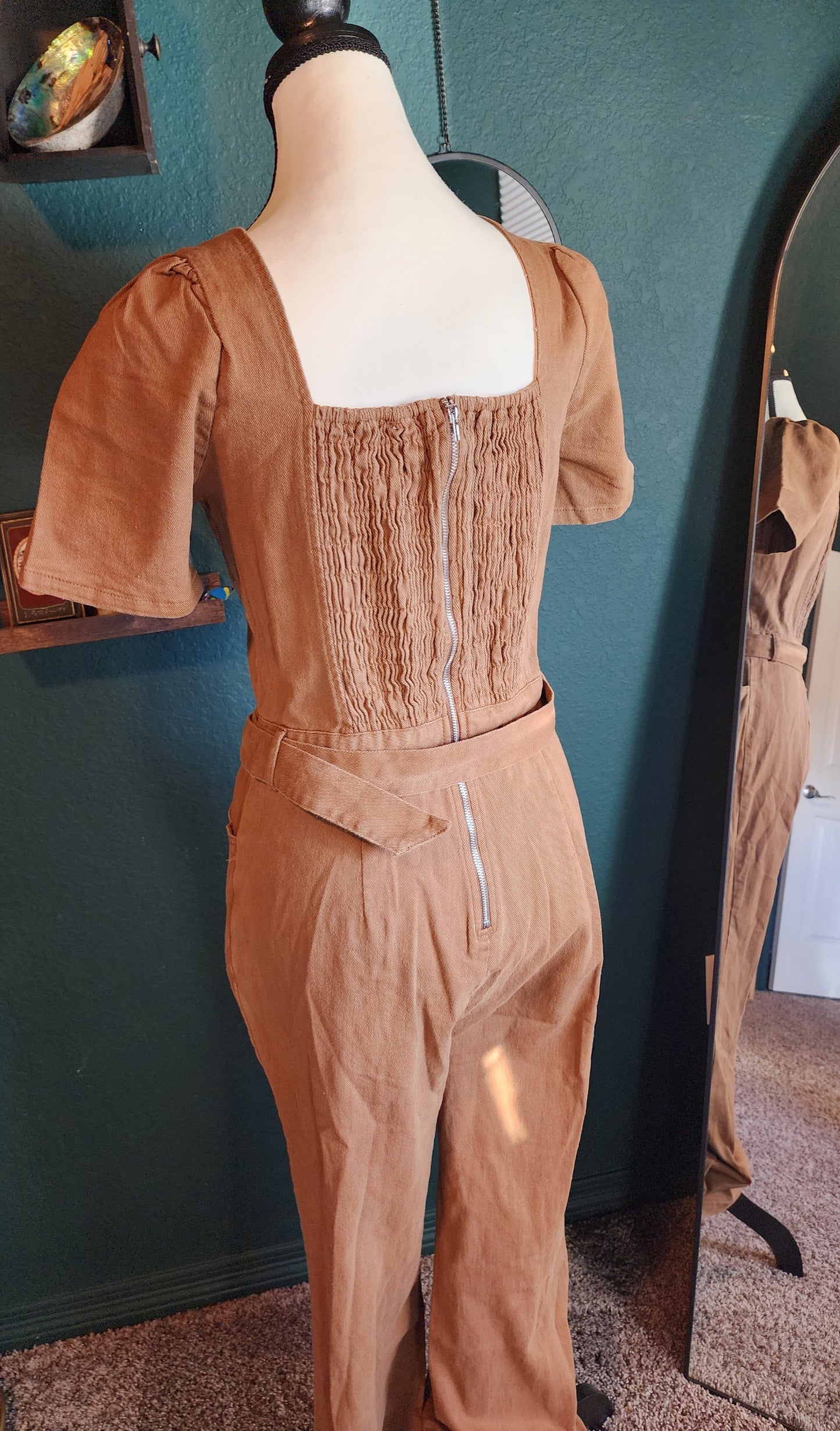 Short Sleeve Smock Pockets Denim Jumpsuit