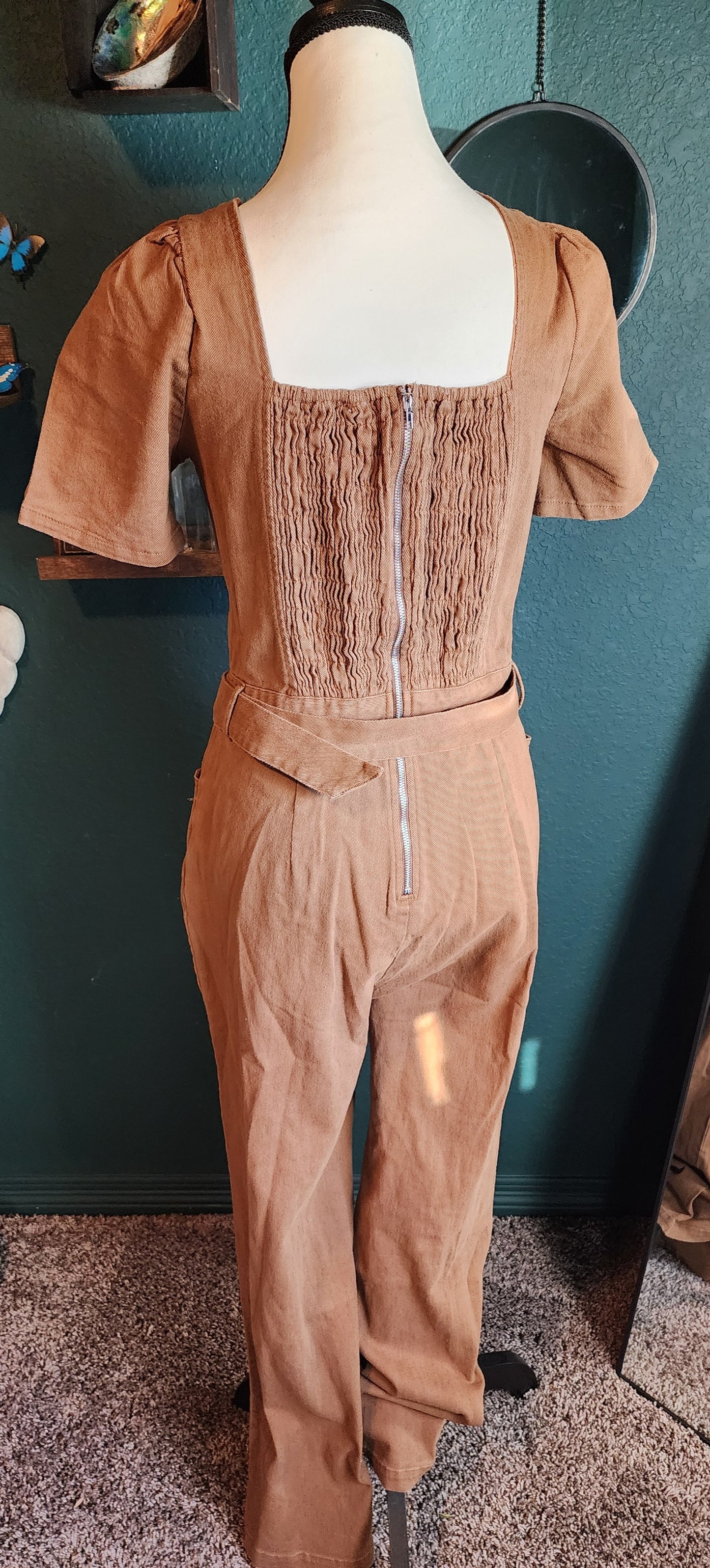 Short Sleeve Smock Pockets Denim Jumpsuit