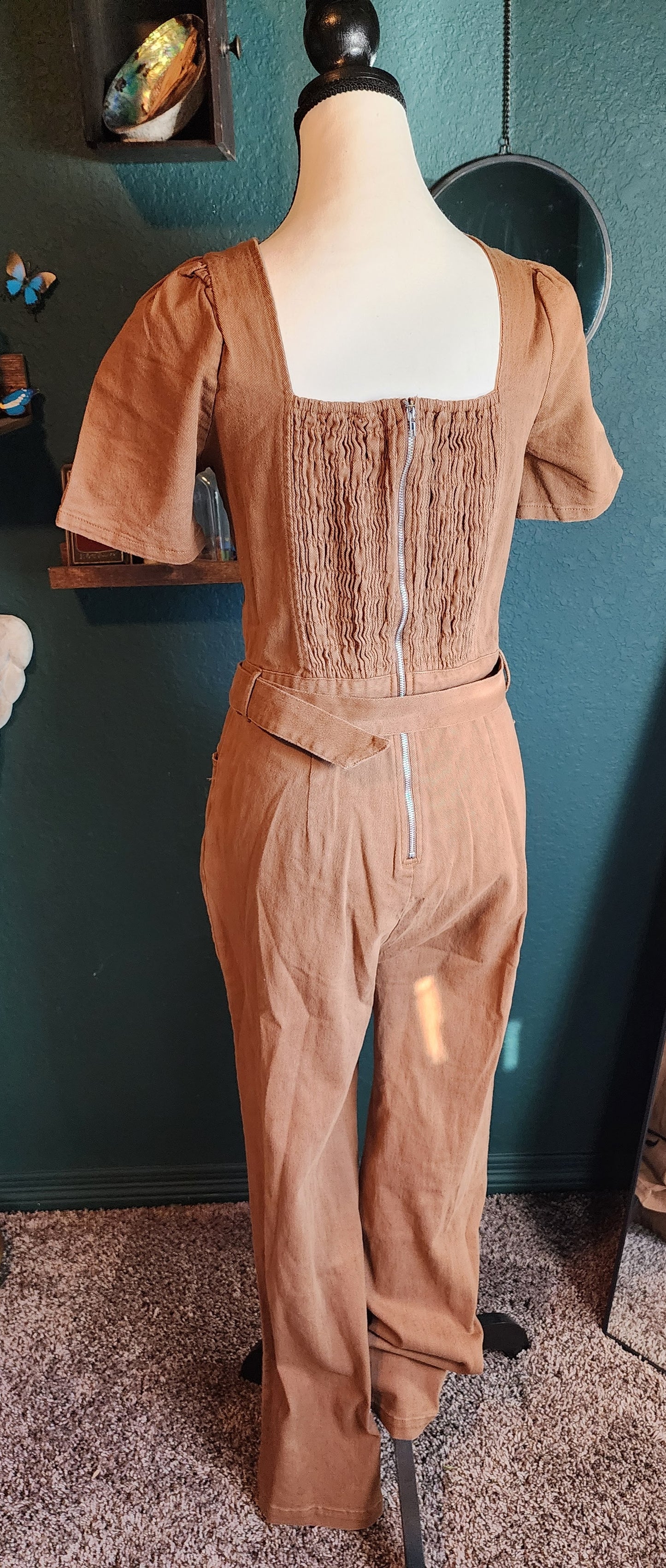 Short Sleeve Smock Pockets Denim Jumpsuit