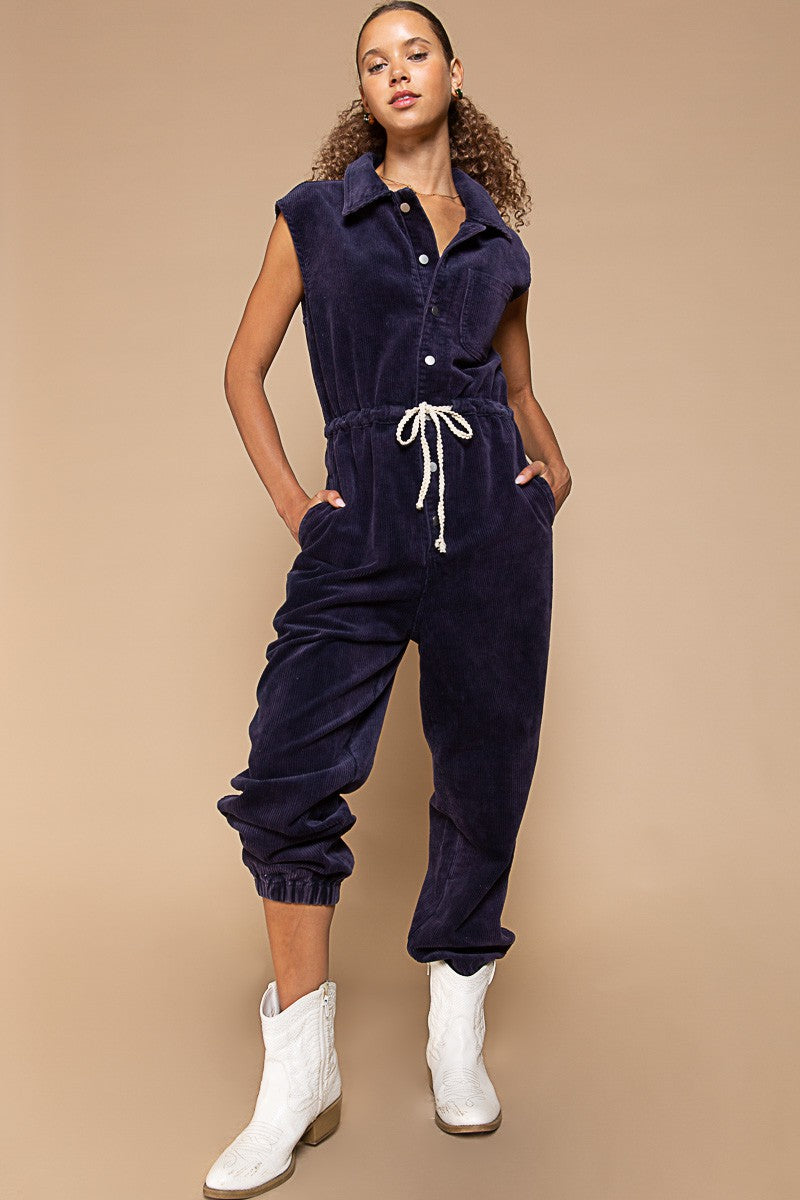 Sleeveless Corduroy Jumpsuit - Navy