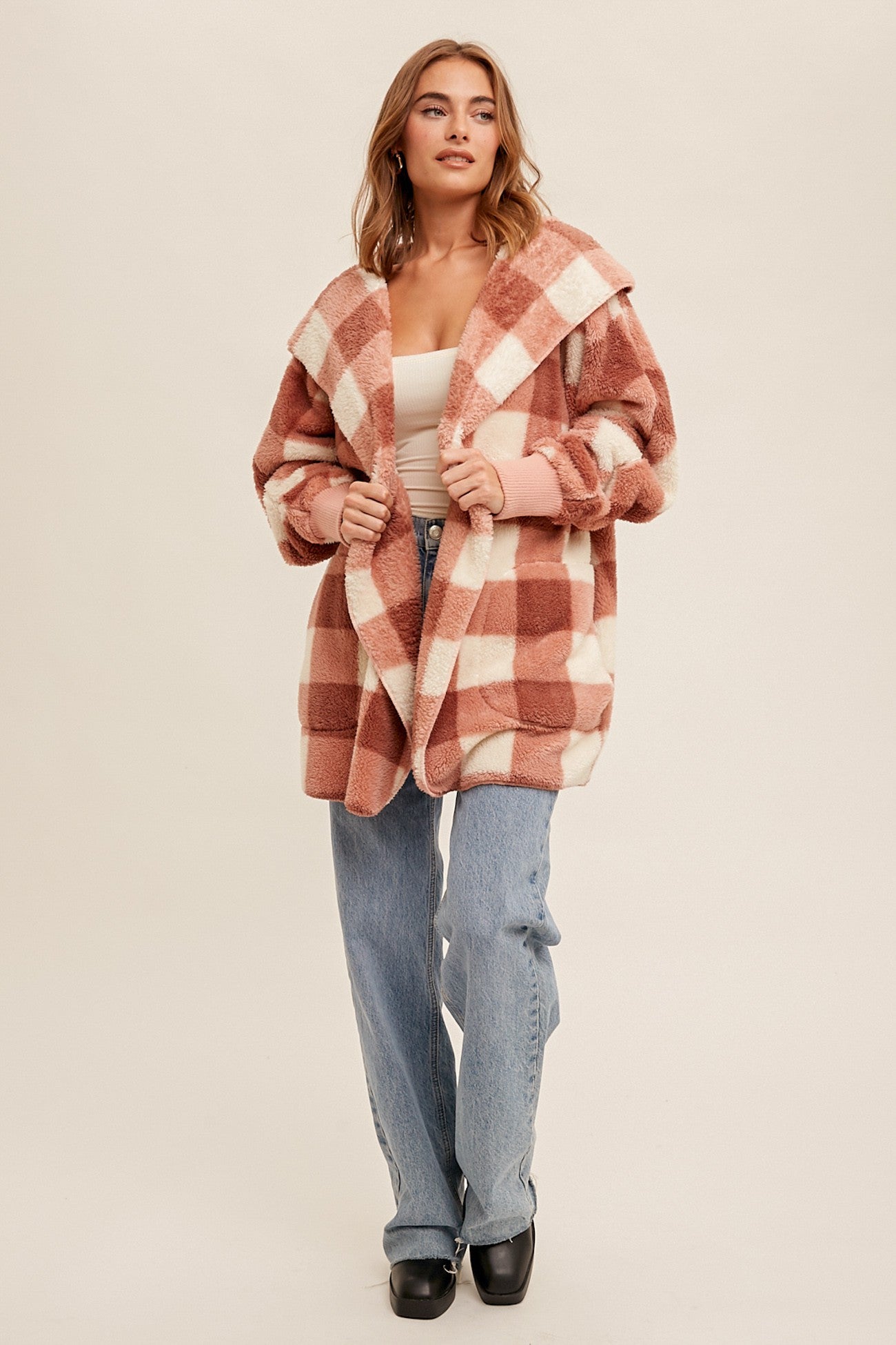 Check Print Sherpa Hooded Cardigan