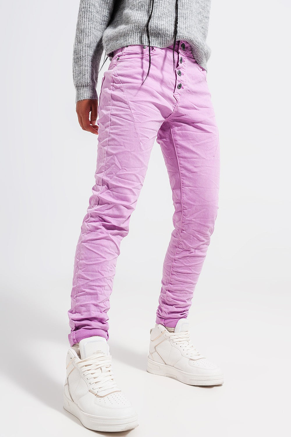 Exposed Buttons Skinny Jean in Pink
