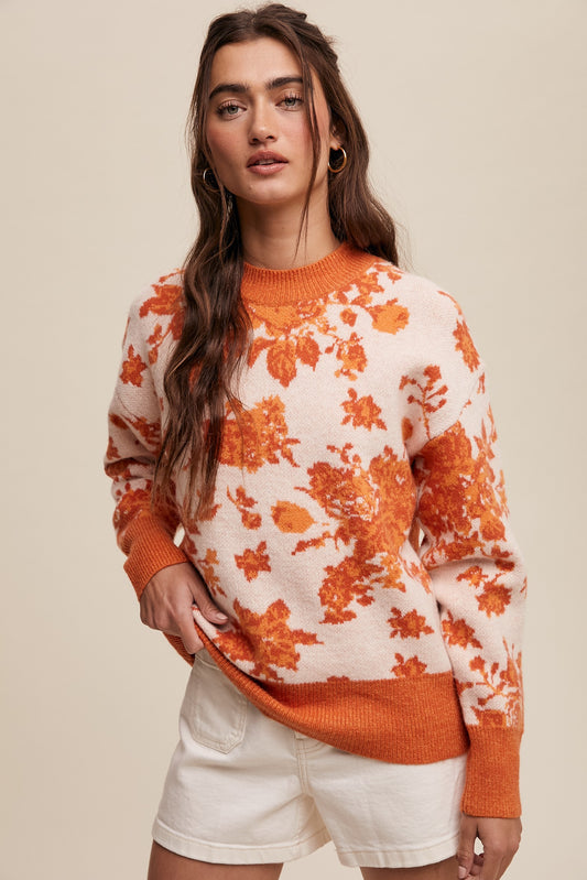 Refined Floral Design Crew Neck Knit Sweater in Orange Rose