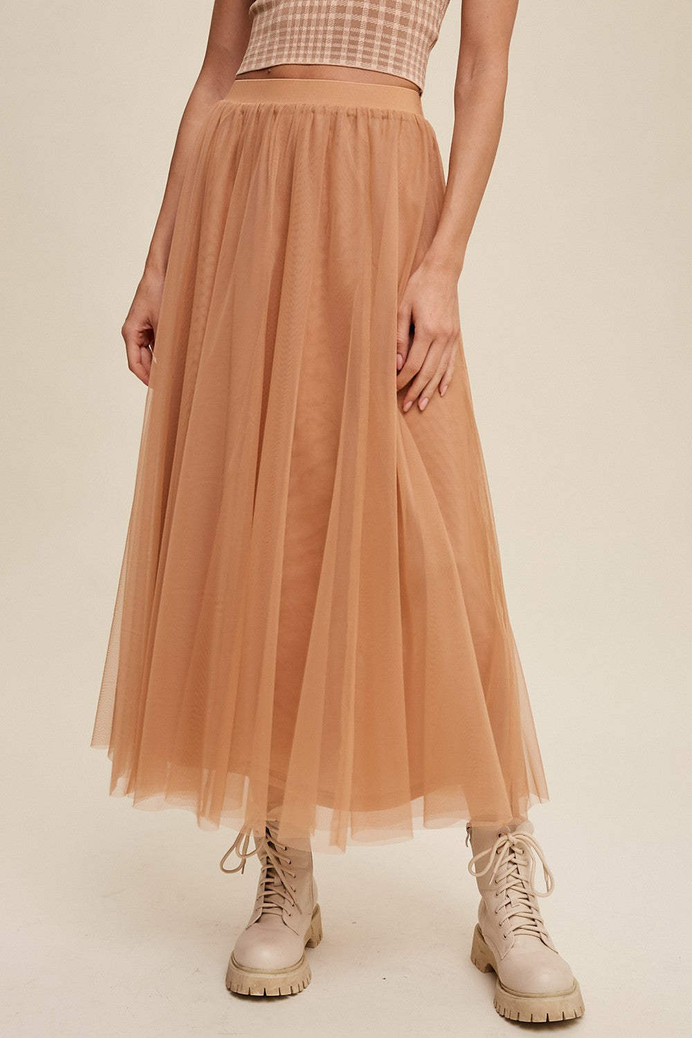 Elastic Waist Maxi Tulle Skirt in Light Clay