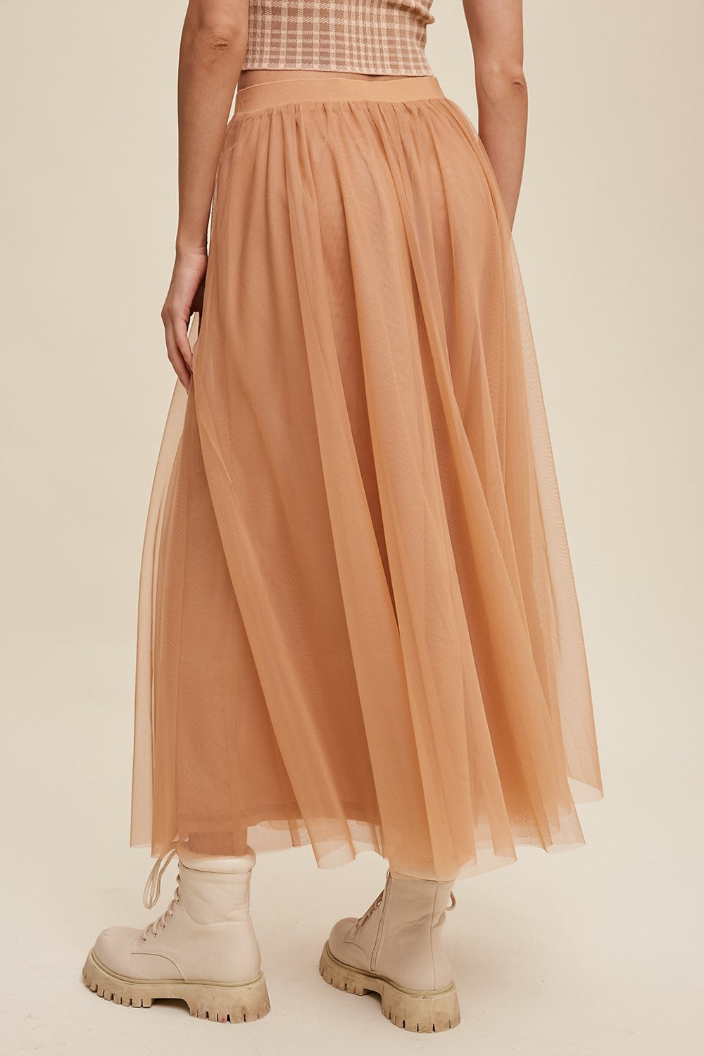 Elastic Waist Maxi Tulle Skirt in Light Clay