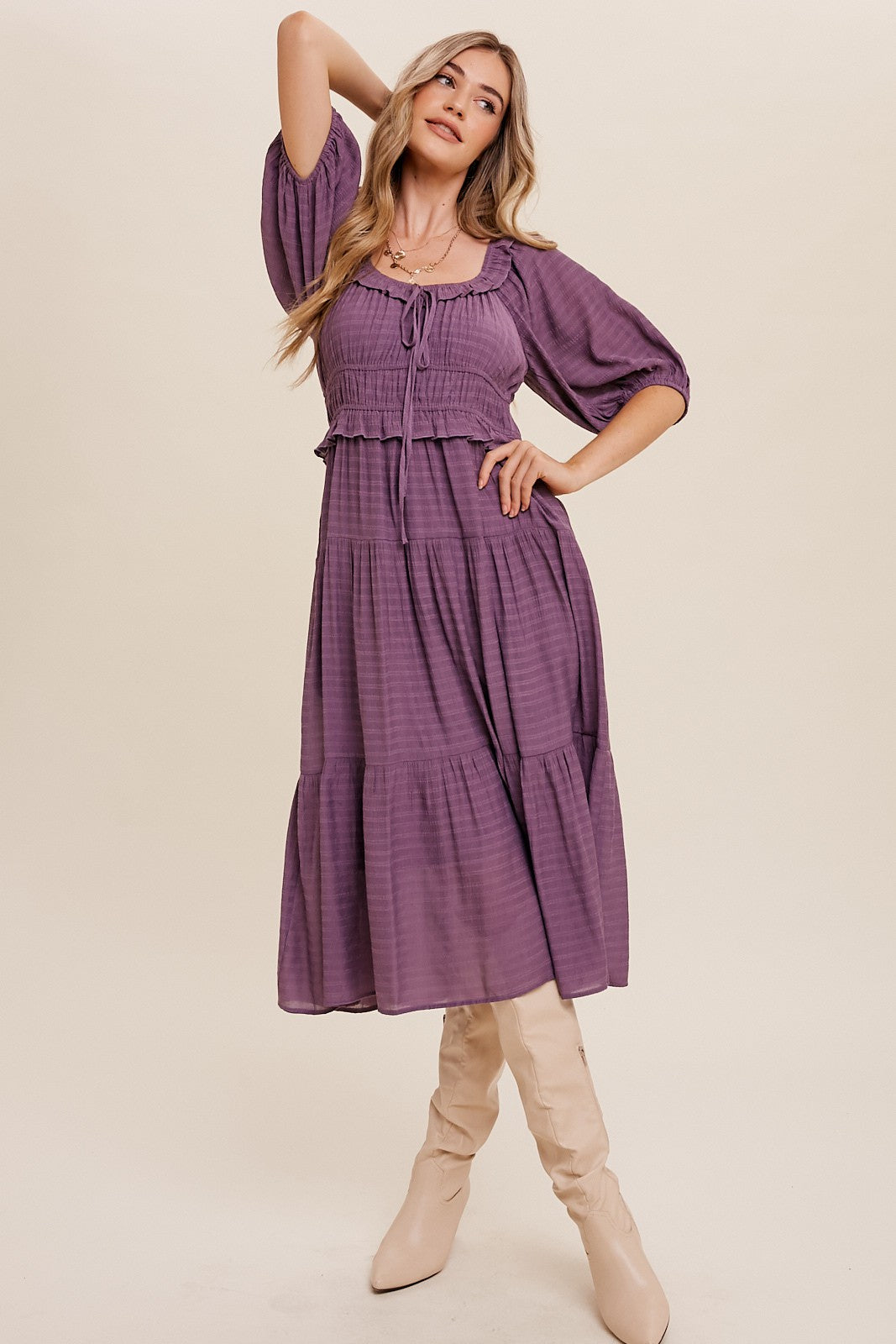 Ruffle Front Tie Tiered Maxi Dress in Lavender Fateful Grace Boutique Ruffle Front Tie Tiered Maxi Dress in Lavender Fateful Grace Boutique