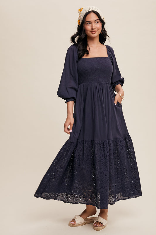 Square Neck Smocked Eyelet Maxi Dress in Dark Denim