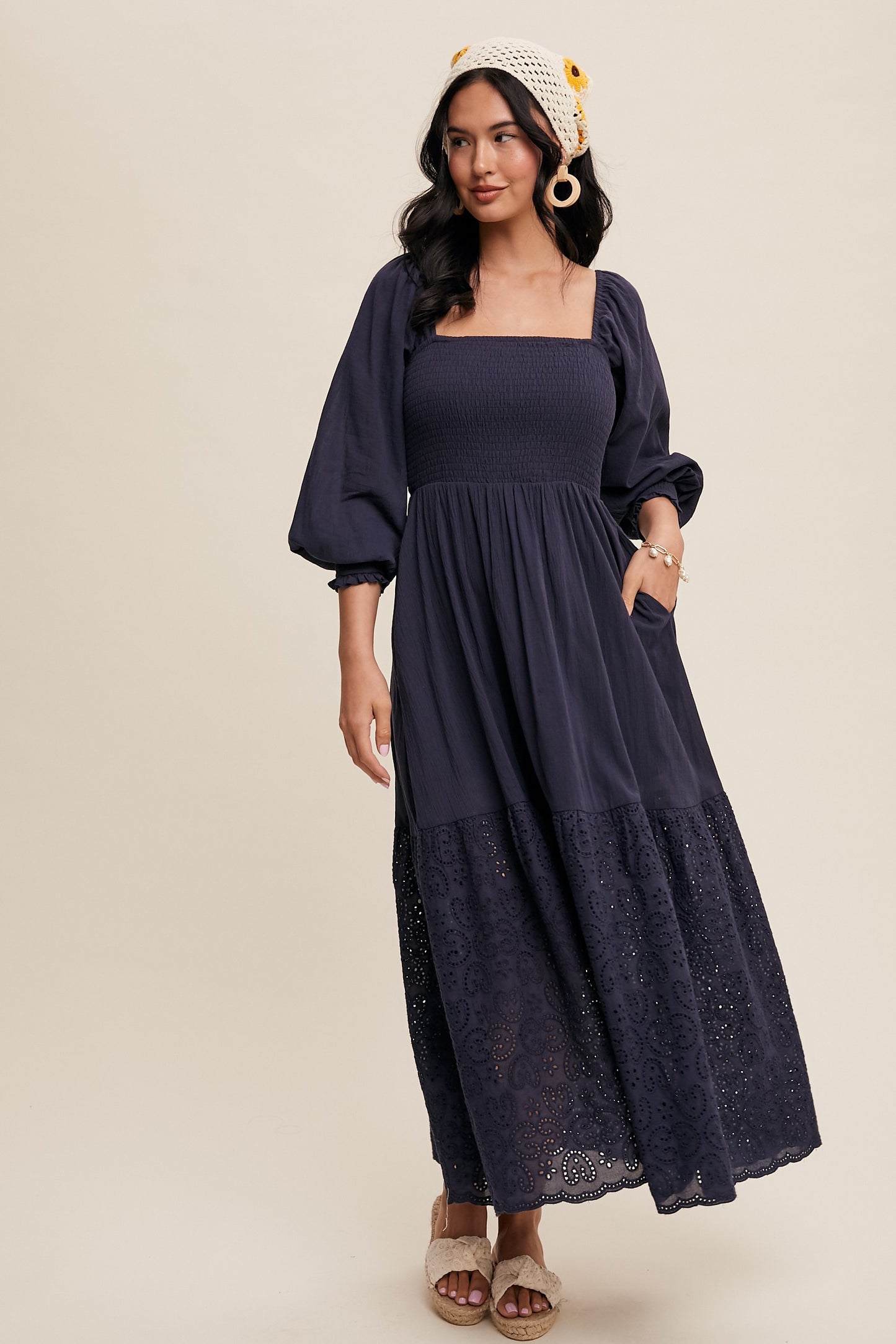 Square Neck Smocked Eyelet Maxi Dress in Dark Denim