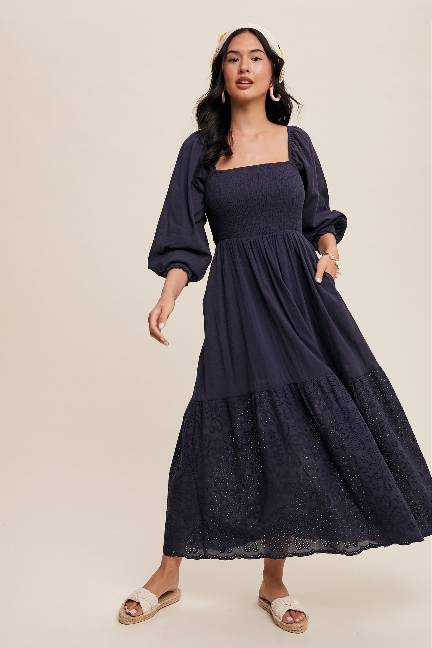 Square Neck Smocked Eyelet Maxi Dress in Dark Denim