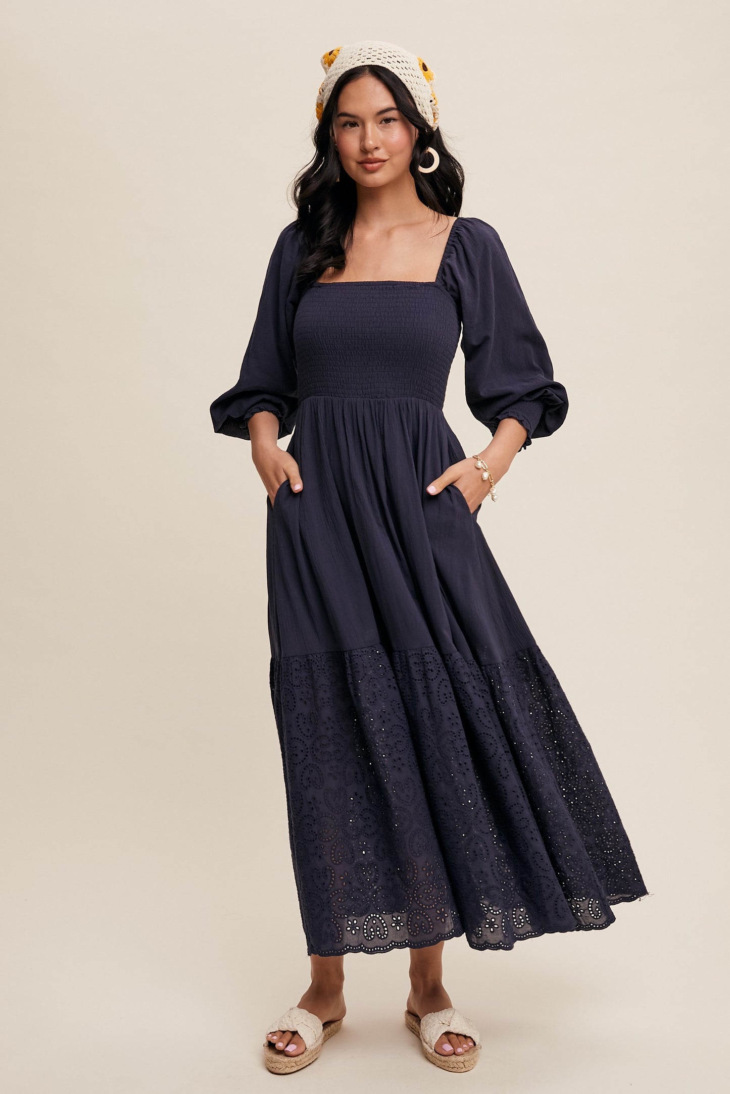 Square Neck Smocked Eyelet Maxi Dress in Dark Denim