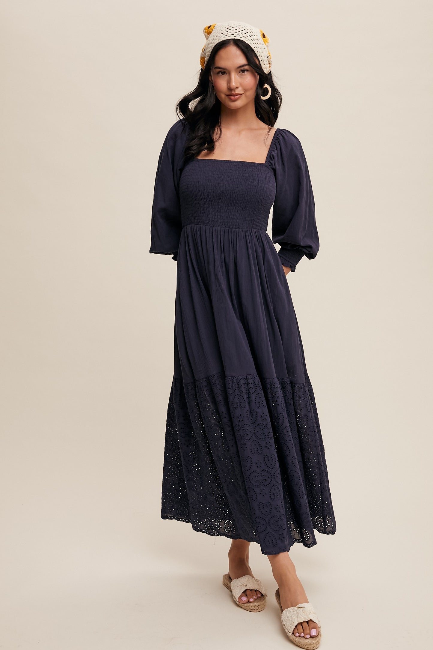 Square Neck Smocked Eyelet Maxi Dress in Dark Denim