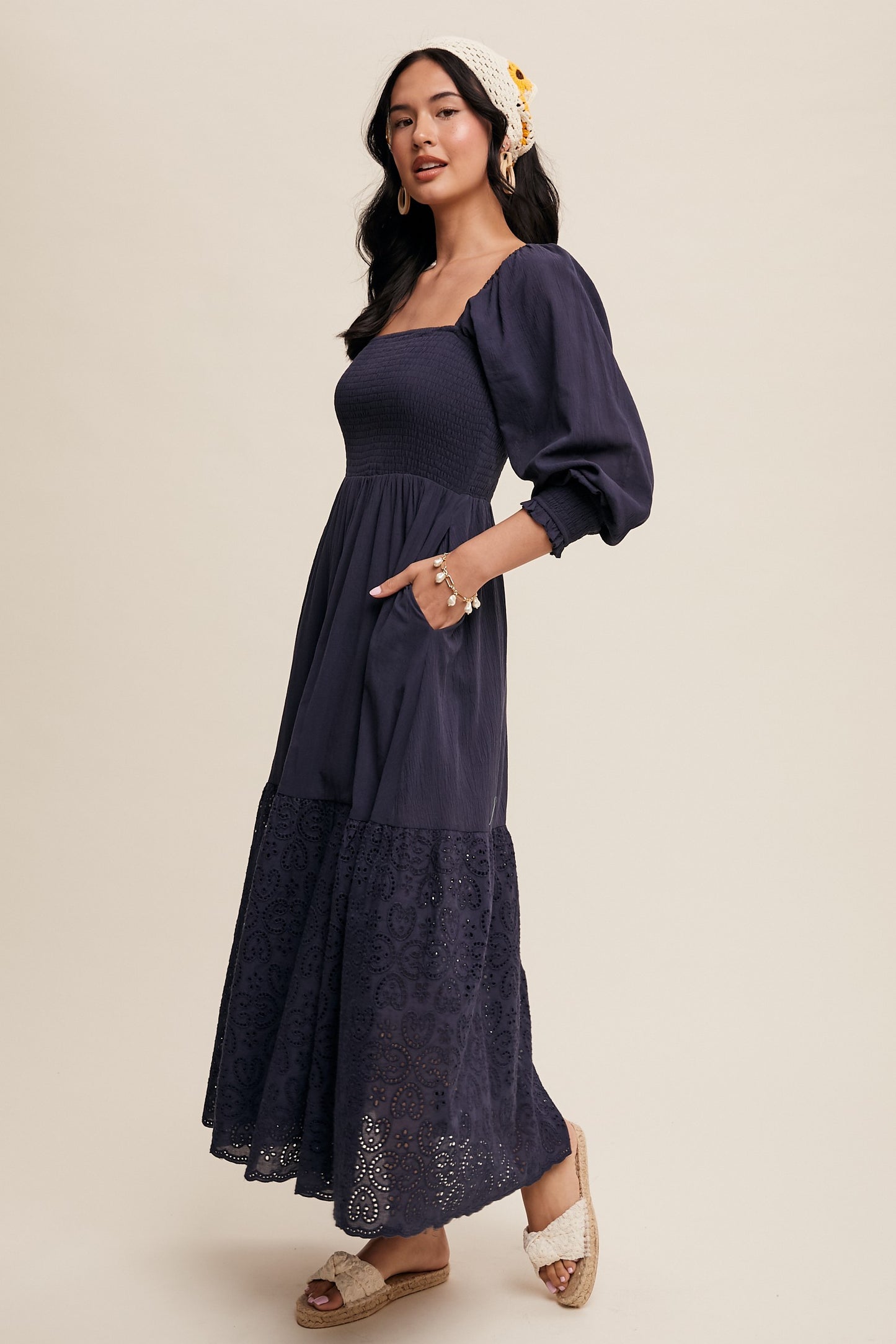Square Neck Smocked Eyelet Maxi Dress in Dark Denim