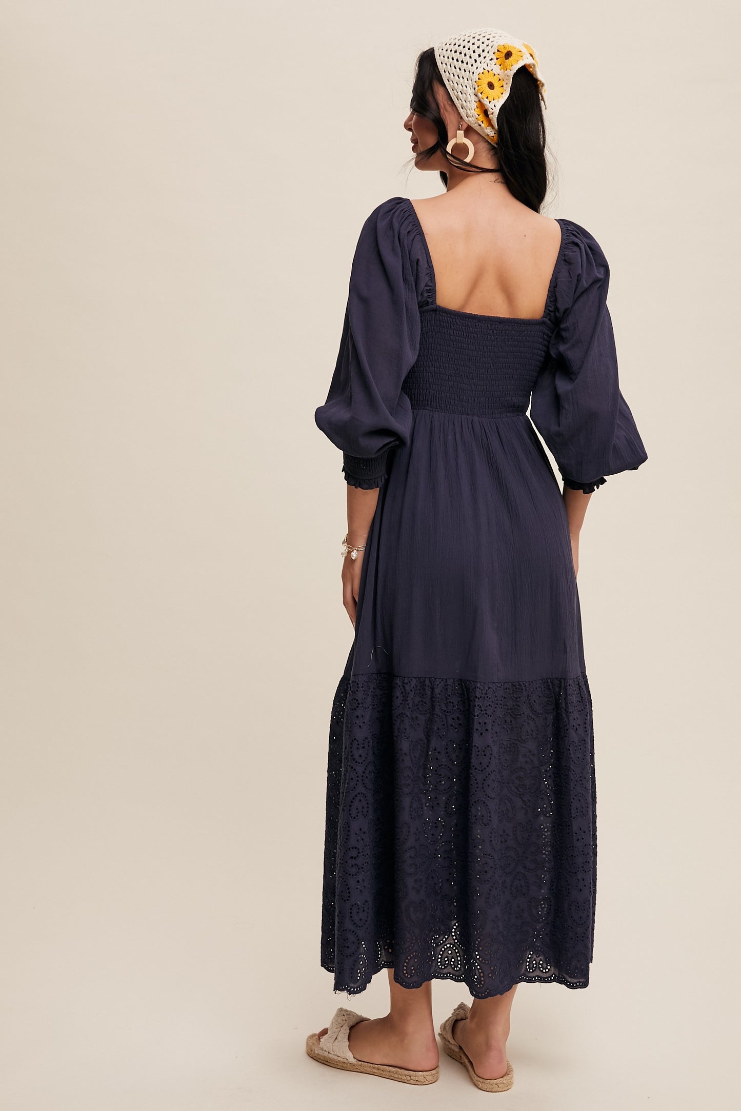 Square Neck Smocked Eyelet Maxi Dress in Dark Denim
