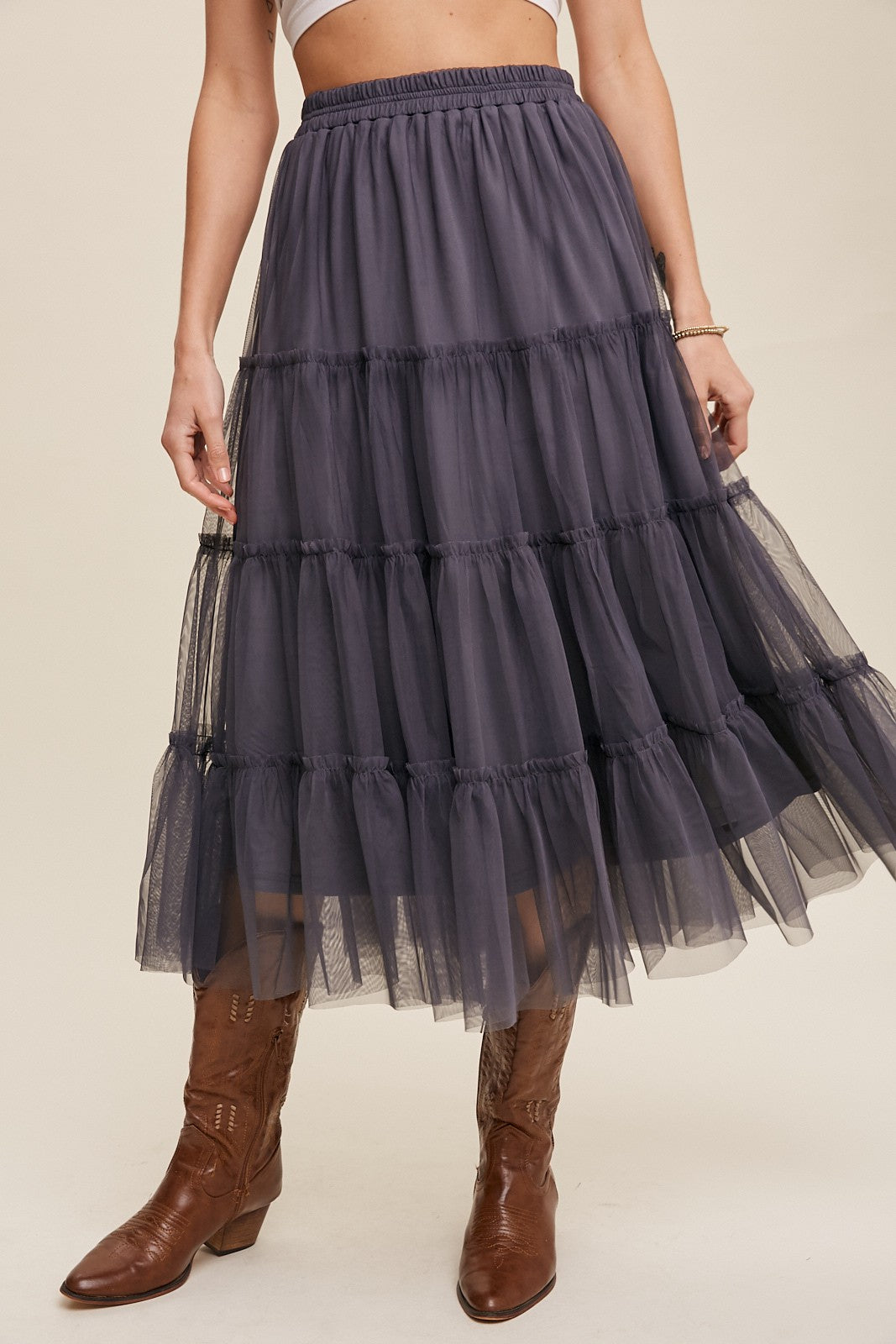 Tiered Tulle Skirt in Charcoal