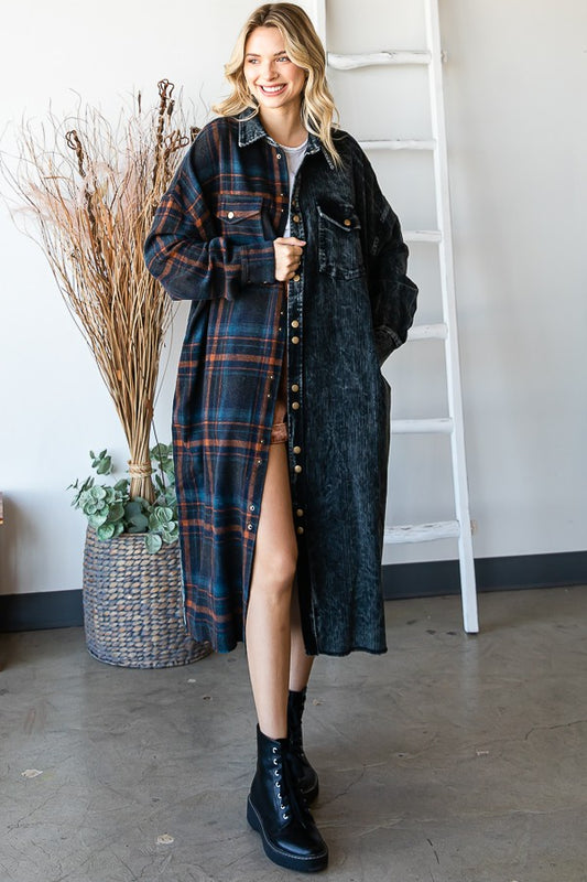 Mineral Washed Cord and Check Mixed Long Jacket