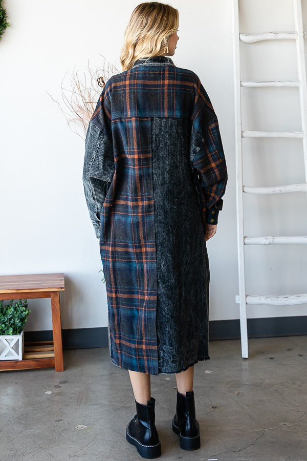 Mineral Washed Cord and Check Mixed Long Jacket