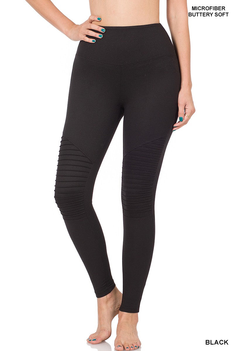 Brushed Microfiber Wide Waistband Moto Leggings in Black Fateful