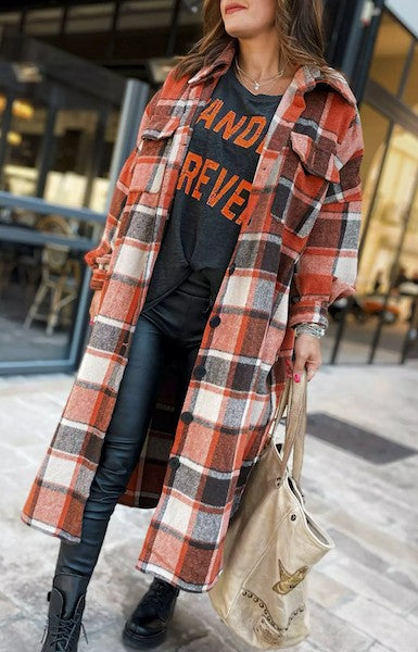Longline Flannel Shacket in Orange