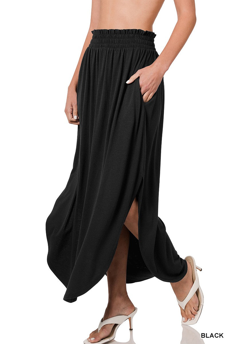 Smocked Waist Side Slit Maxi Skirt in Black