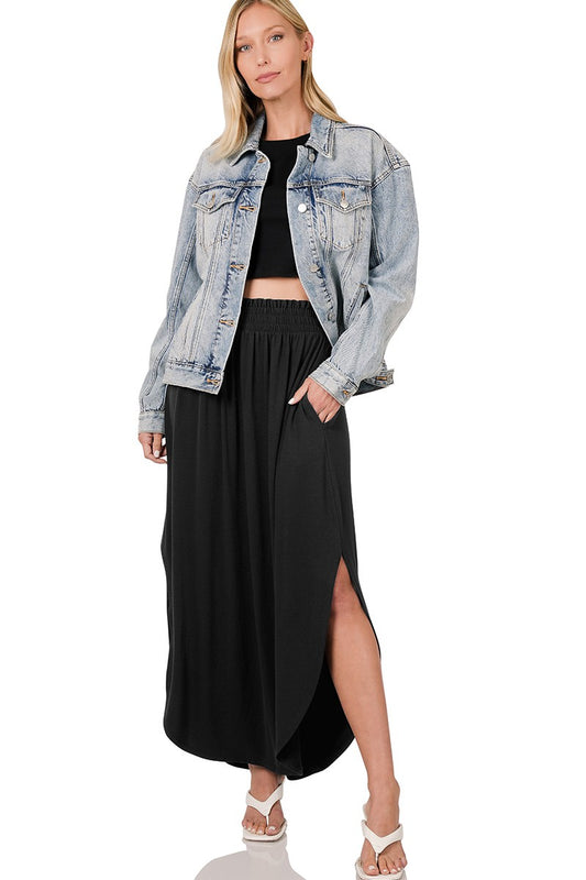 Smocked Waist Side Slit Maxi Skirt in Black