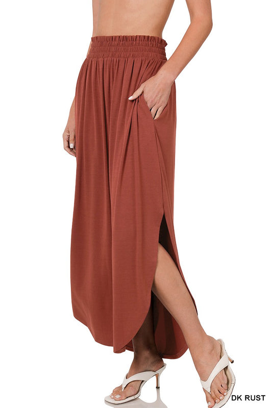 Smocked Waist Side Slit Maxi Skirt in Dark Rust