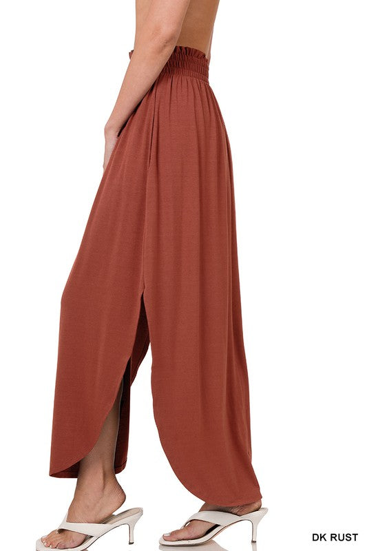 Smocked Waist Side Slit Maxi Skirt in Dark Rust