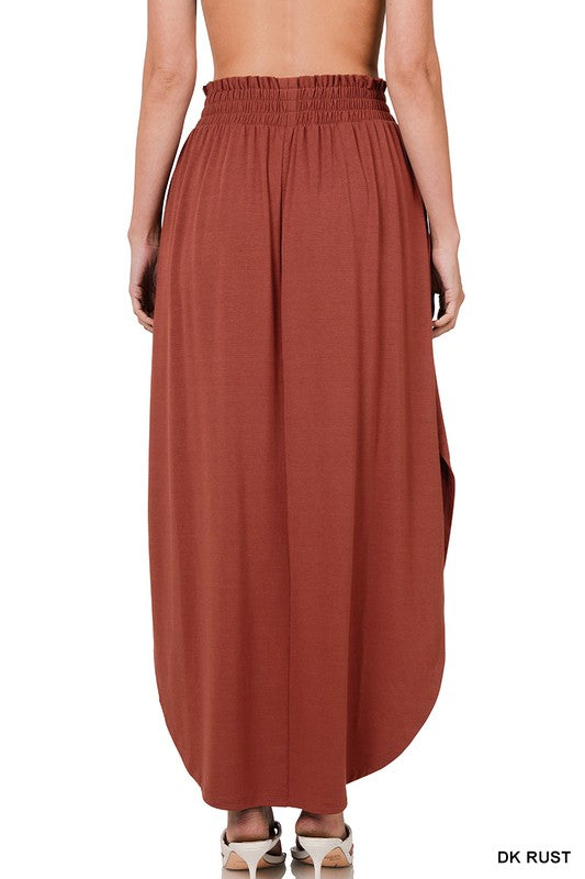 Smocked Waist Side Slit Maxi Skirt in Dark Rust