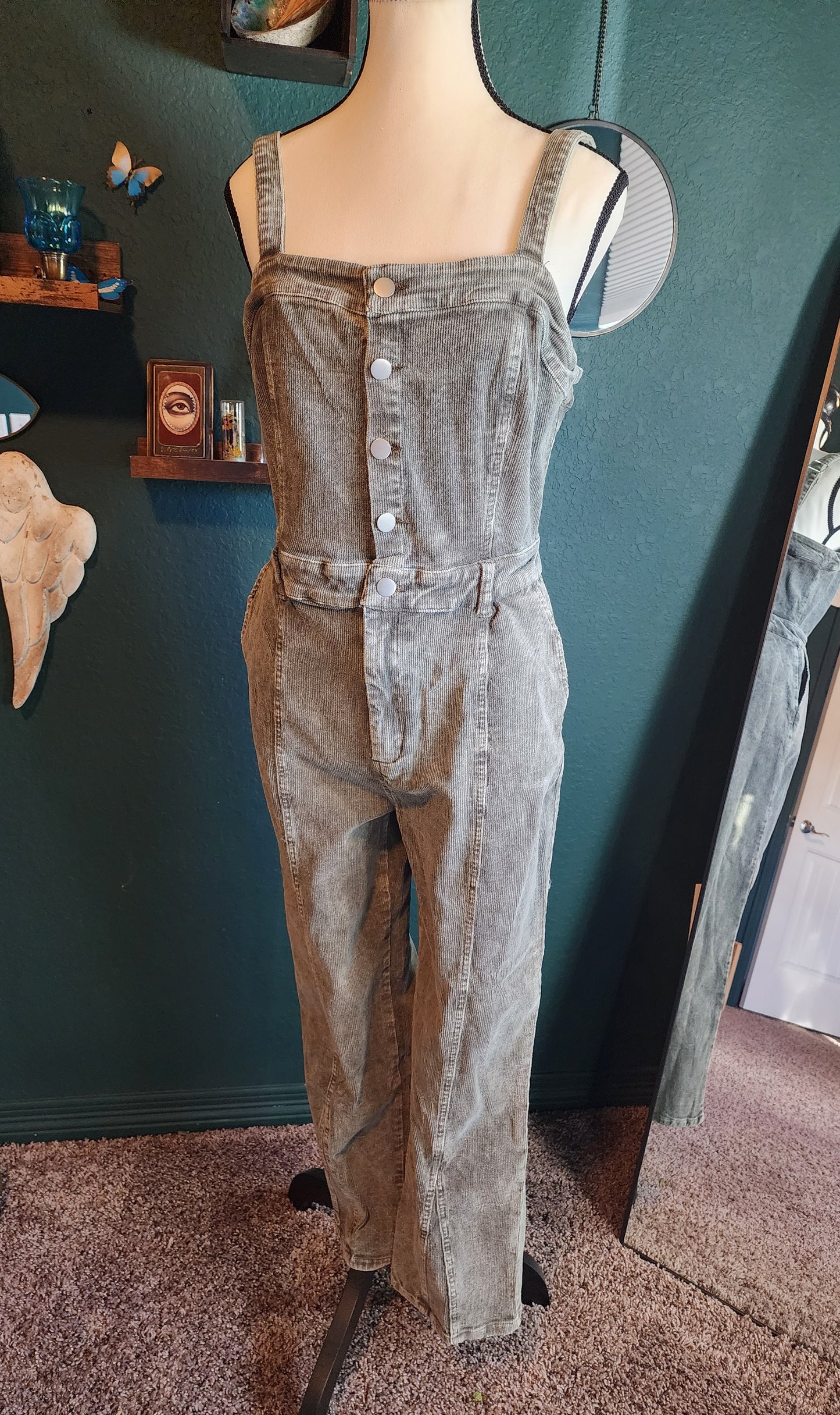 Adjustable strap Washed Corduroy Jumpsuit in Olive