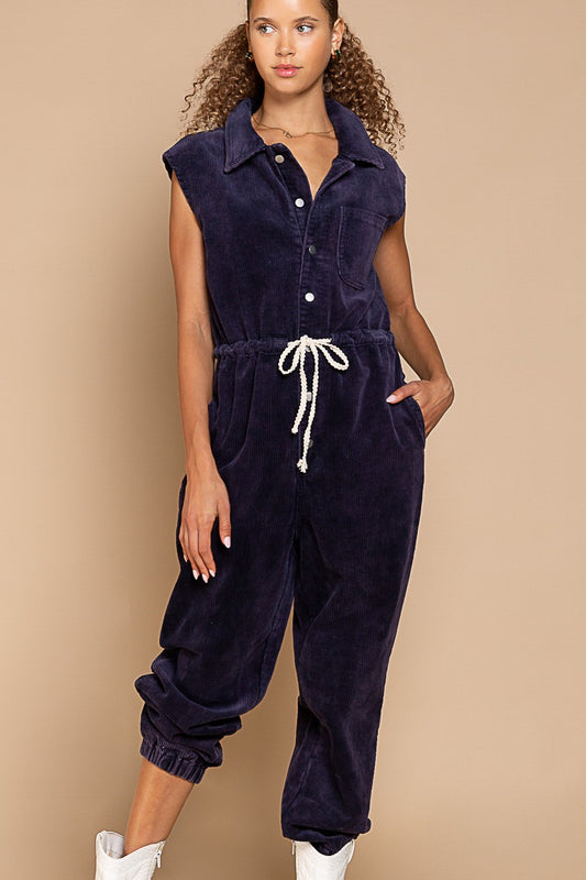 Sleeveless Corduroy Jumpsuit - Navy