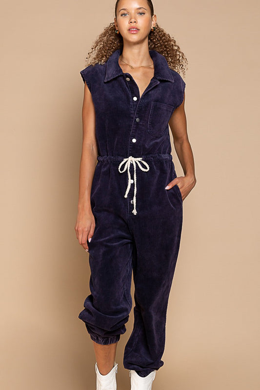 Sleeveless Corduroy Jumpsuit - Navy