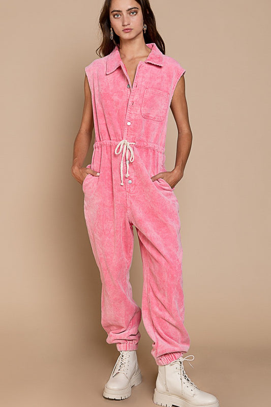 Sleeveless Corduroy Jumpsuit - Pink