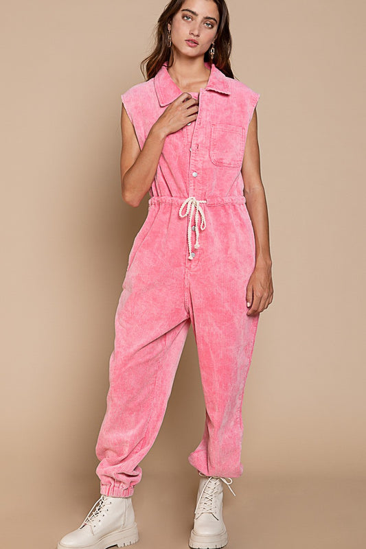 Sleeveless Corduroy Jumpsuit - Pink