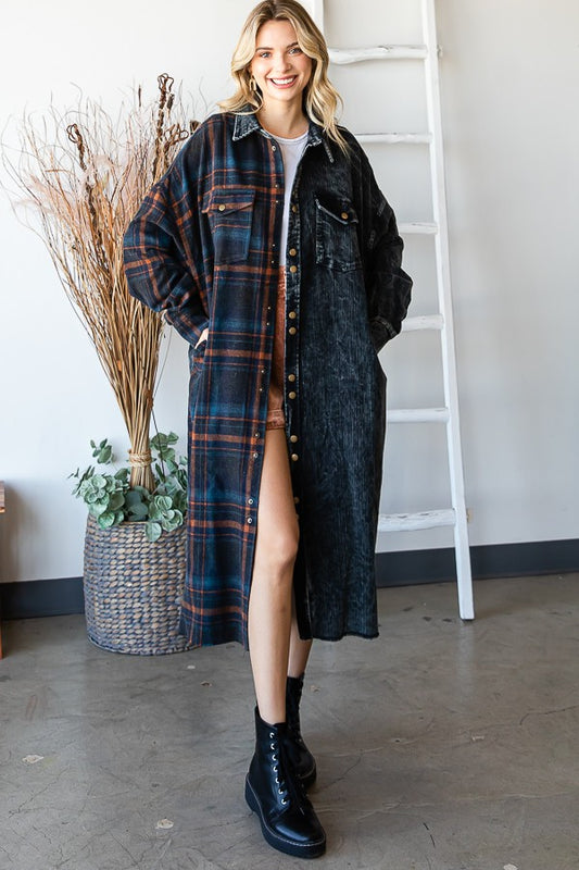 Mineral Washed Cord and Check Mixed Long Jacket